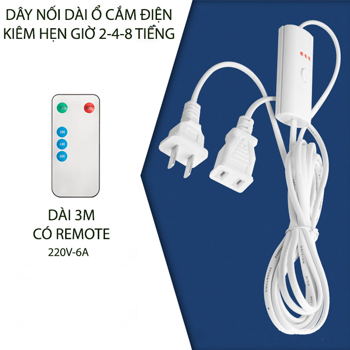 Ổ cắm nối dài kiêm hẹn giờ tự tắt 2-4-8 giờ, dài 3.0m, loại có hoặc không có remote tùy chọn