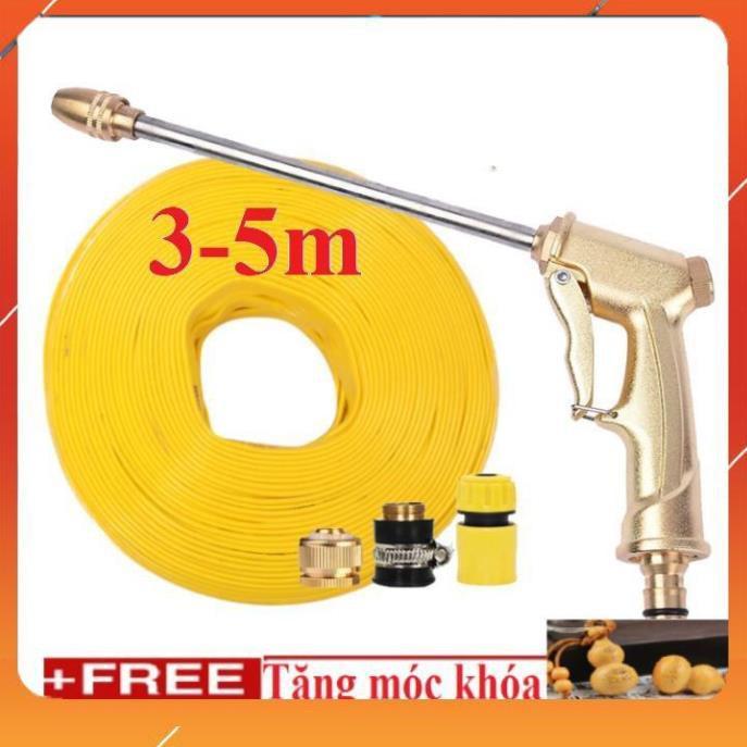 Bộ dây vòi xịt nước rửa xe, tưới cây , tăng áp 3 lần, loại 3m, 5m 206701-3Dđầu đồng,cút,nối đồng+ móc khoá