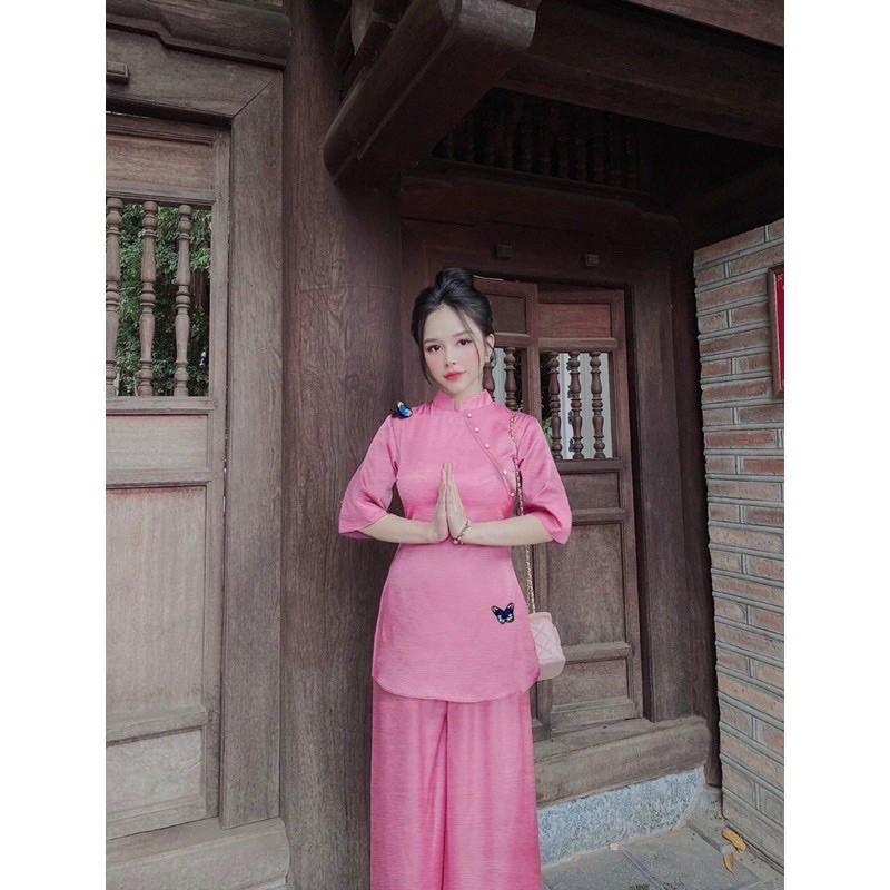 Thời trang nữ, lụa cổ tàu đính bướm, đồ đi chùa, đồ lam cao cấp