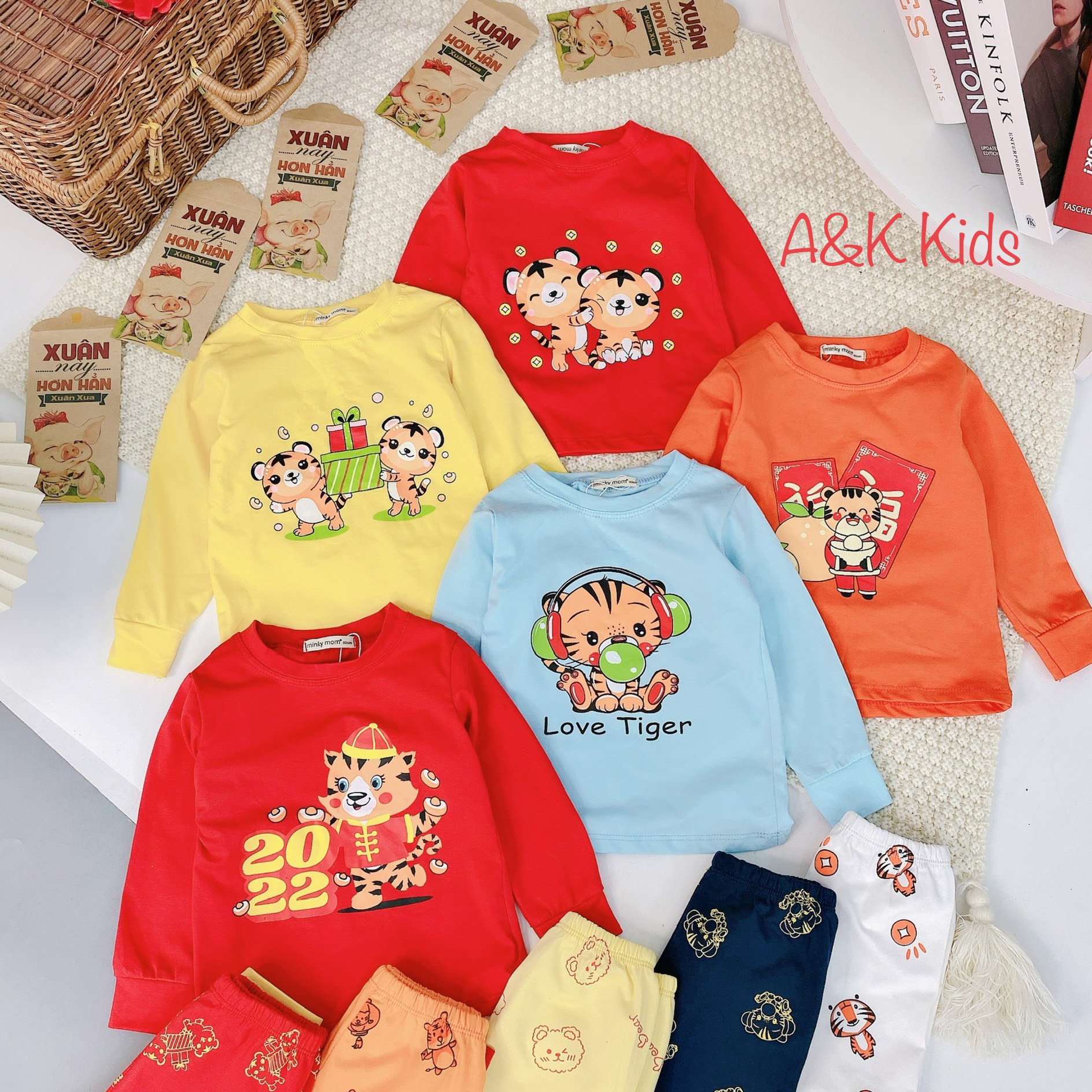 [HCM] FULL SIZE (từ 8-28kg) MINKY MOM Bộ cotton dài tay phối màu họa tiết TẾT 2022 cho bé trai bé gái