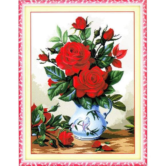 Tranh thêu chữ thập thêu kín Bình Hoa Hồng Đỏ chưa thêu