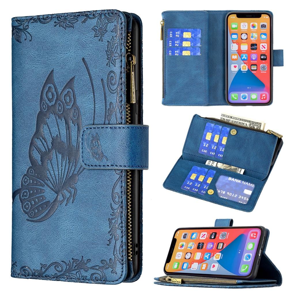 Ốp điện thoại da nắp lật dạng ví đựng thẻ có khóa kéo dập nổi hình bướm cho Apple iPhone 13 Pro Max 13 Mini 9
