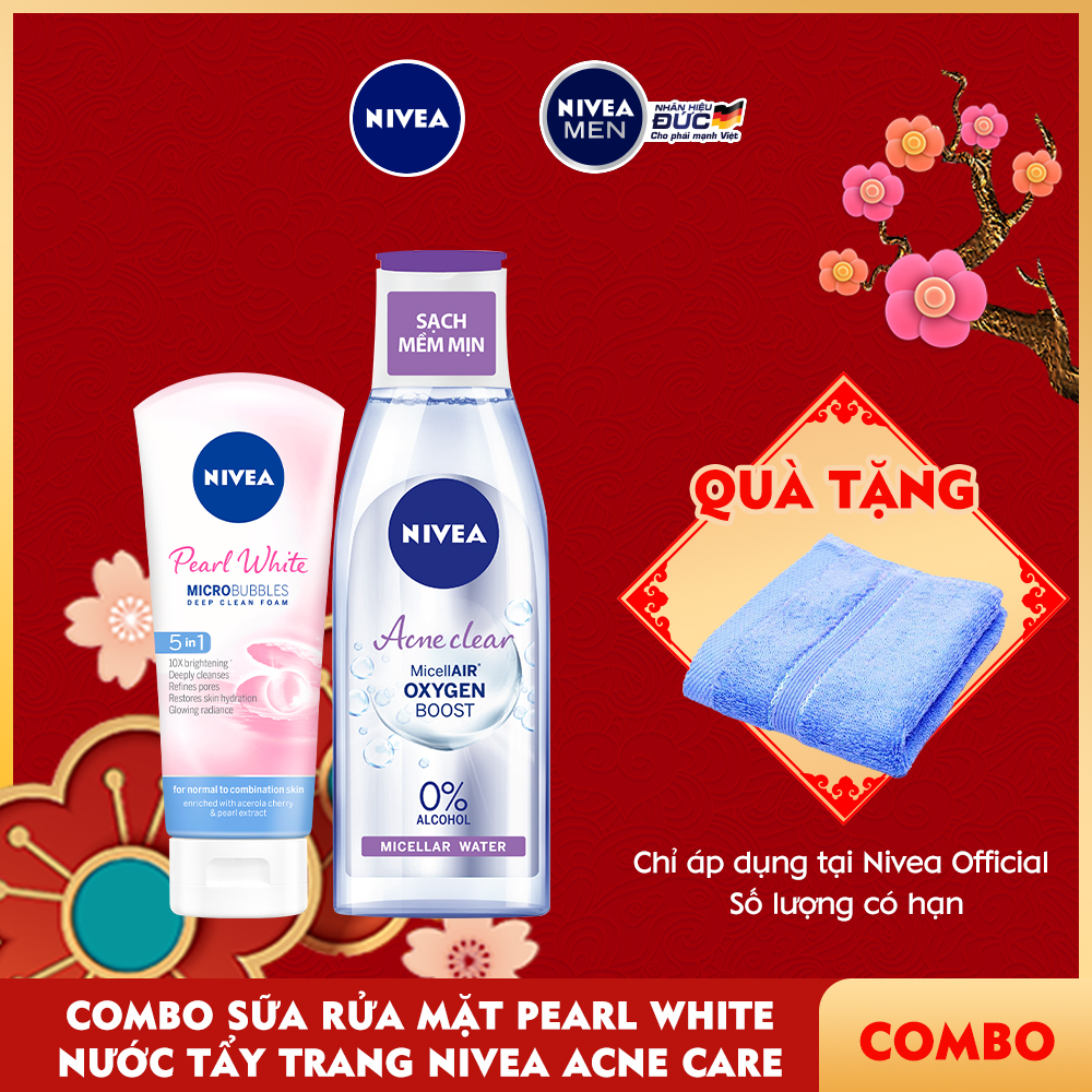 Combo Sữa rửa mặt NIVEA Pearl White giúp trắng da (100g) - 81295 &amp; Nước tẩy trang NIVEA ngừa mụn Acne Care Micellar Water (200ml) - 89271