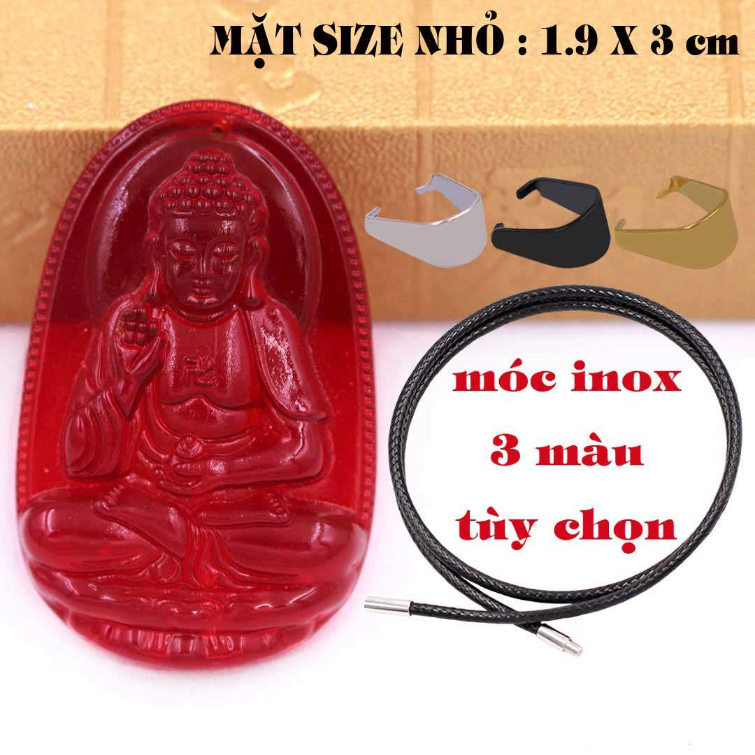 Mặt Phật A di đà pha lê đỏ 1.9cm x 3cm kèm vòng cổ dây cao su đen + móc inox vàng, Phật bản mệnh, mặt dây chuyền