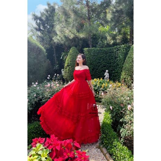 HOANGYEN - Fly Dress voan đỏ bẹt vai phối bèo