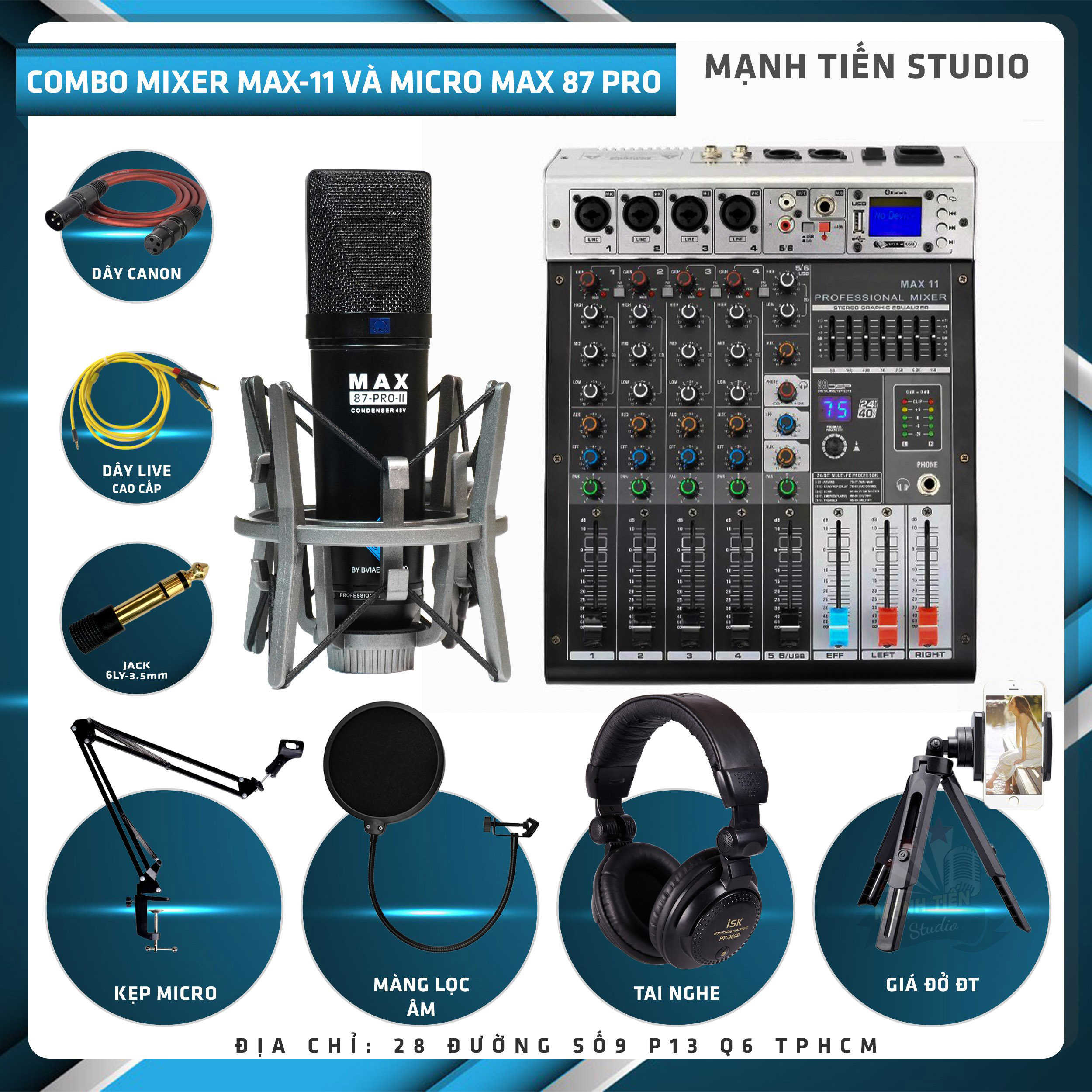 Combo thu âm, livestream Micro Max 87-Pro-II 2022, Mixer Max 11 - Kèm full phụ kiện kẹp micro, màng lọc, tai nghe, dây canon, dây livestream, giá đỡ ĐT - Hỗ trợ thu âm, karaoke online chuyên nghiệp - Hàng nhập khẩu