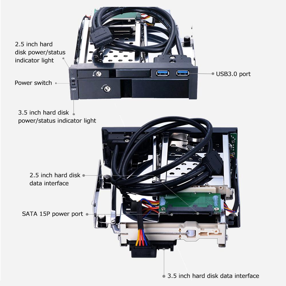 Internal Dual Slot Hard Disk Case 2.5+3.5 inch SATA HDD/SSD Enclosure Tool-free Design with 2 USB3.0 Ports Safety Locks