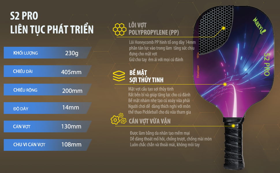 MAXVI Vợt tập Pickleball S2 PRO 14mm 230g Bảo hành 3 tháng Dành cho người mới chơi