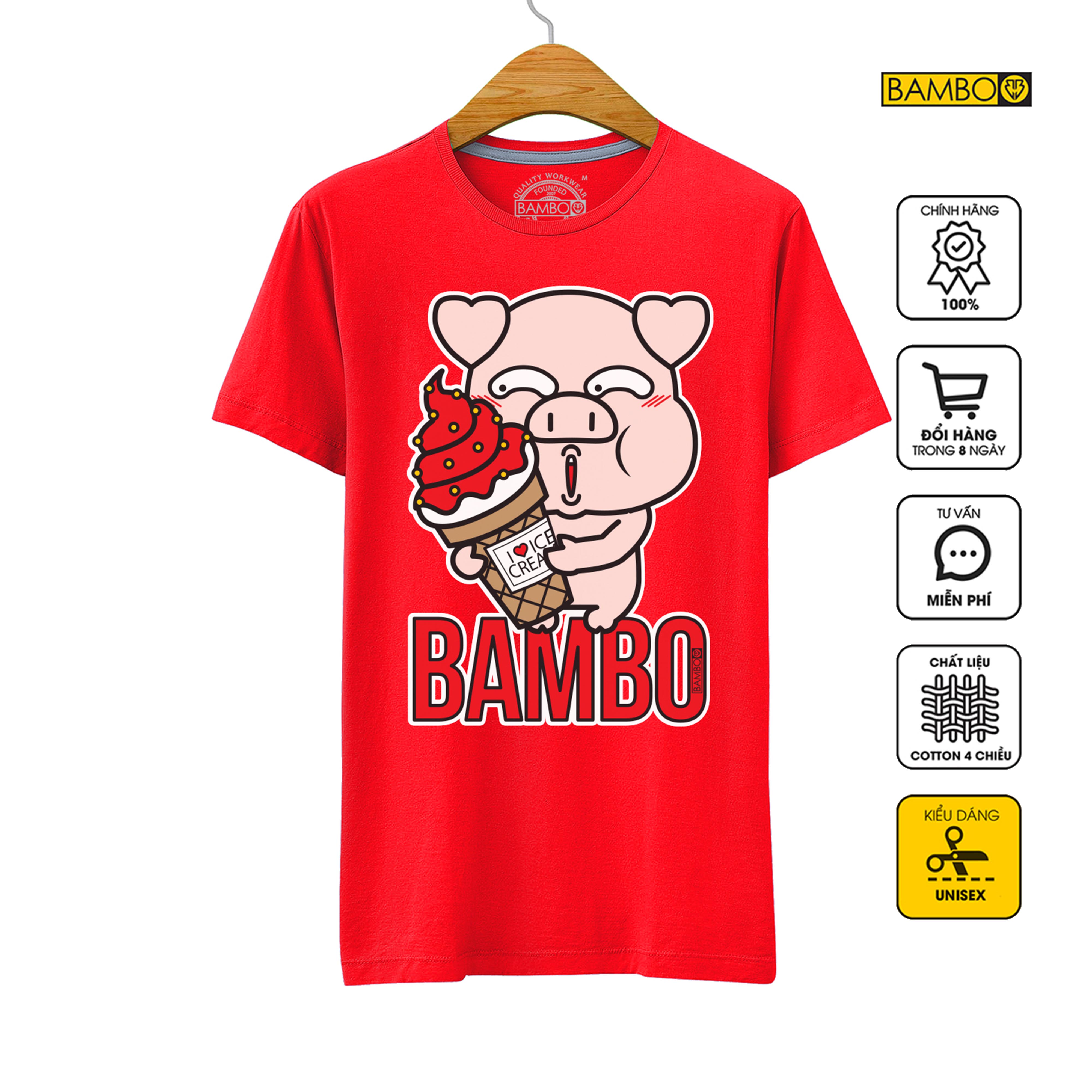 Áo thun unisex BAMBO màu Đỏ in hình Ice Cream Leo Pig
