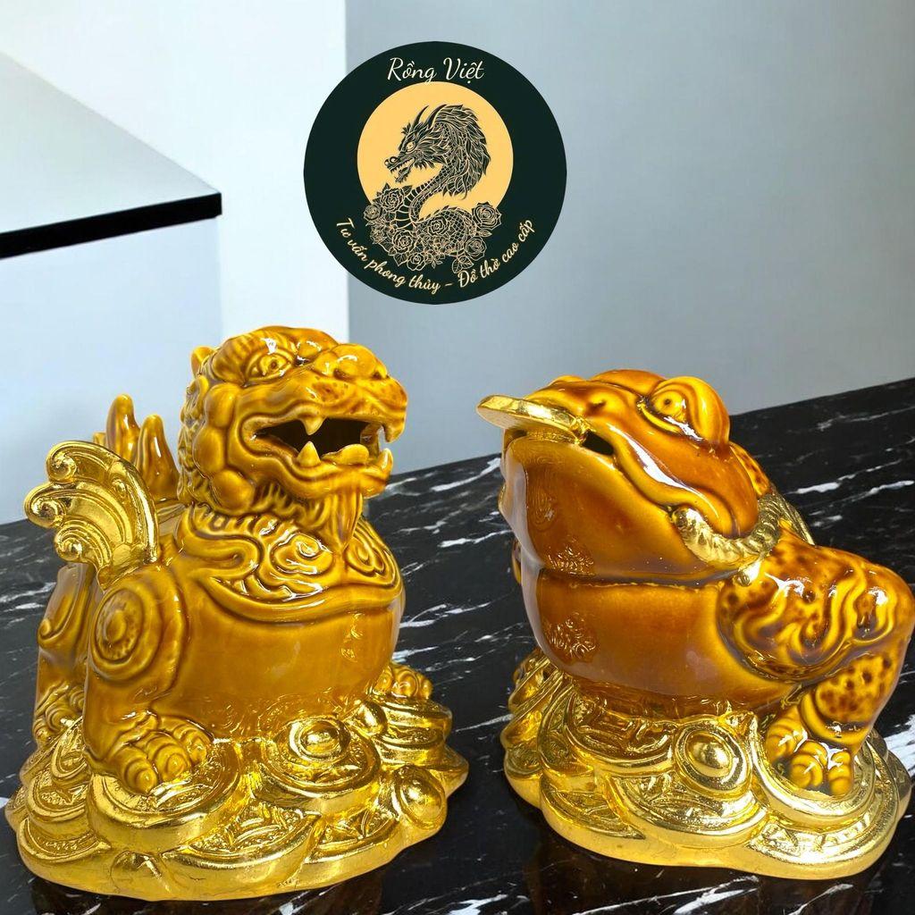 Cóc tỳ gốm nâu vàng dát vàng RỒNG VIỆT- Thiềm thừ, tỳ hưu phong thủy trang trí cho bàn thờ Thần Tài