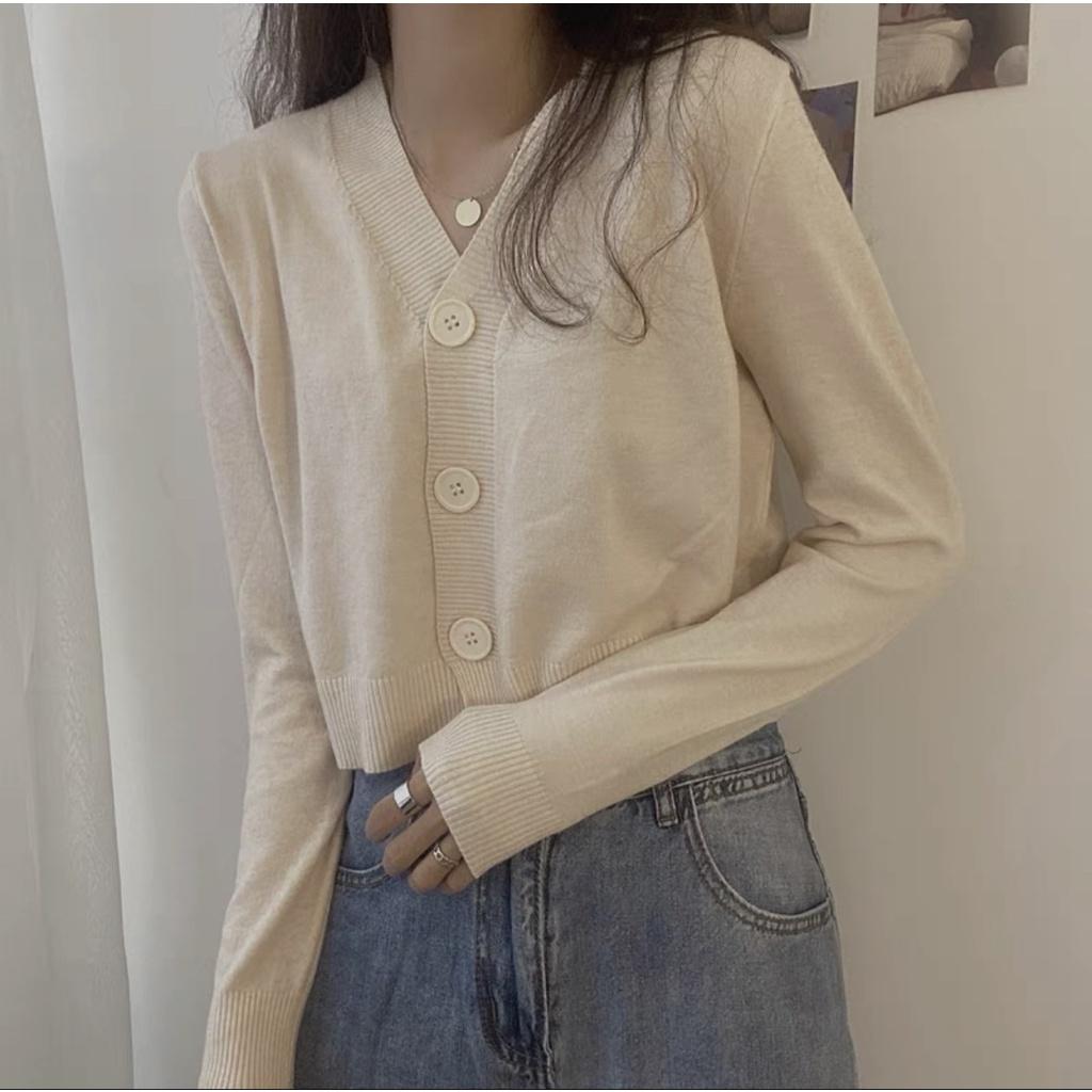 Áo khoác cardigan len mỏng nữ mềm mịn tay dài cổ V dáng ngắn phong cách Hàn Quốc 2021 New Arival