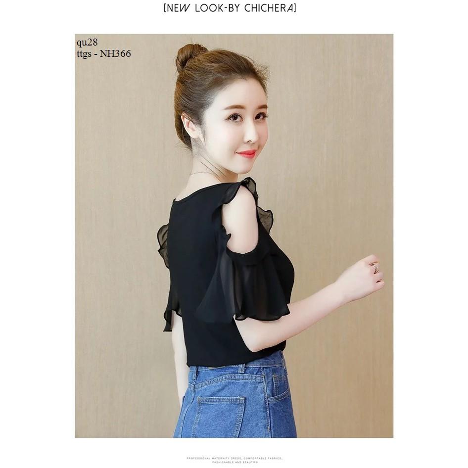 Ttgs - NH366 ÁO SƠ MI HỞ VAI PHỐI BÈO