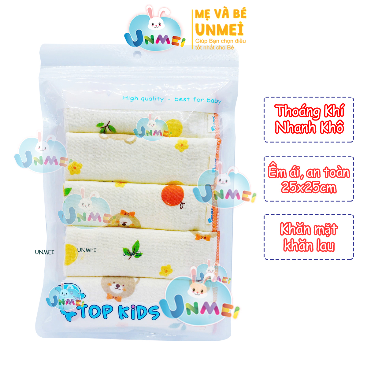 Set 5 Khăn Sữa, Khăn Xô Sữa Muslin TOP KIDS 4 lớp thấm hút,mềm mại dành cho sơ sinh (size 25x25cm)- tại UNMEI