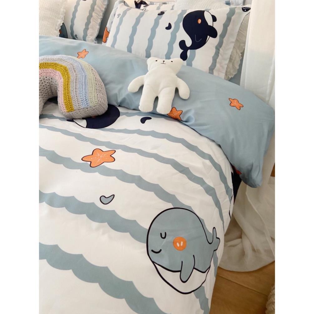 Bộ chăn ga gối , coton poly họa tiết Cá heo, Chăn ga đủ size miễn phí bo chun