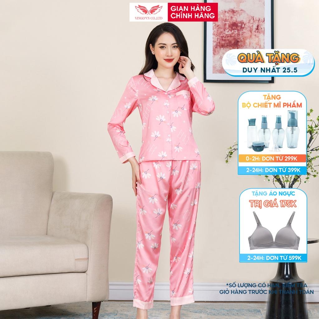 Đồ bộ ngủ nữ pijama mặc nhà VINGO Lụa Pháp mềm mịn cao cấp tay dài quần dài họa tiết hoa trắng mùa Đông H594 VNGO