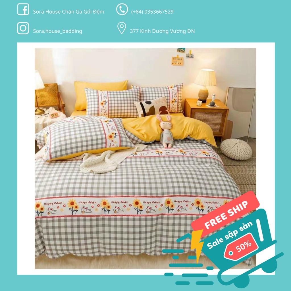Bộ Chăn Ga Gối Cotton Poly Caro Đen Thổ Cẩm Hoa