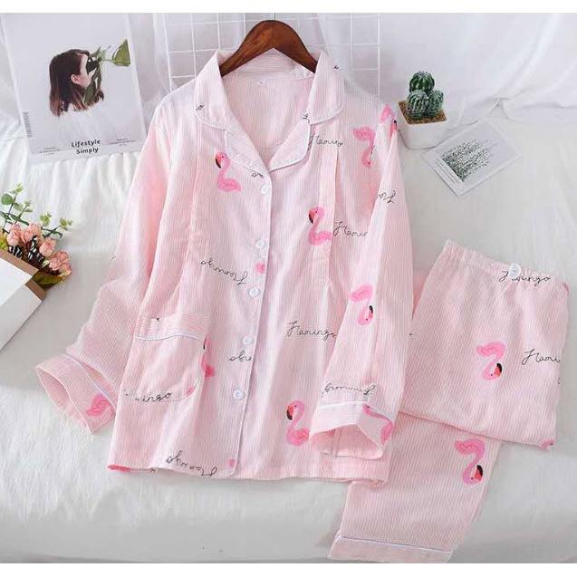 Bộ đồ bầu sau sinh và cho con bú ti XÔ NHẬT thô đũi Đẹp, mát -, Pijama mặc nhà dài tay cho mẹ Bigsize