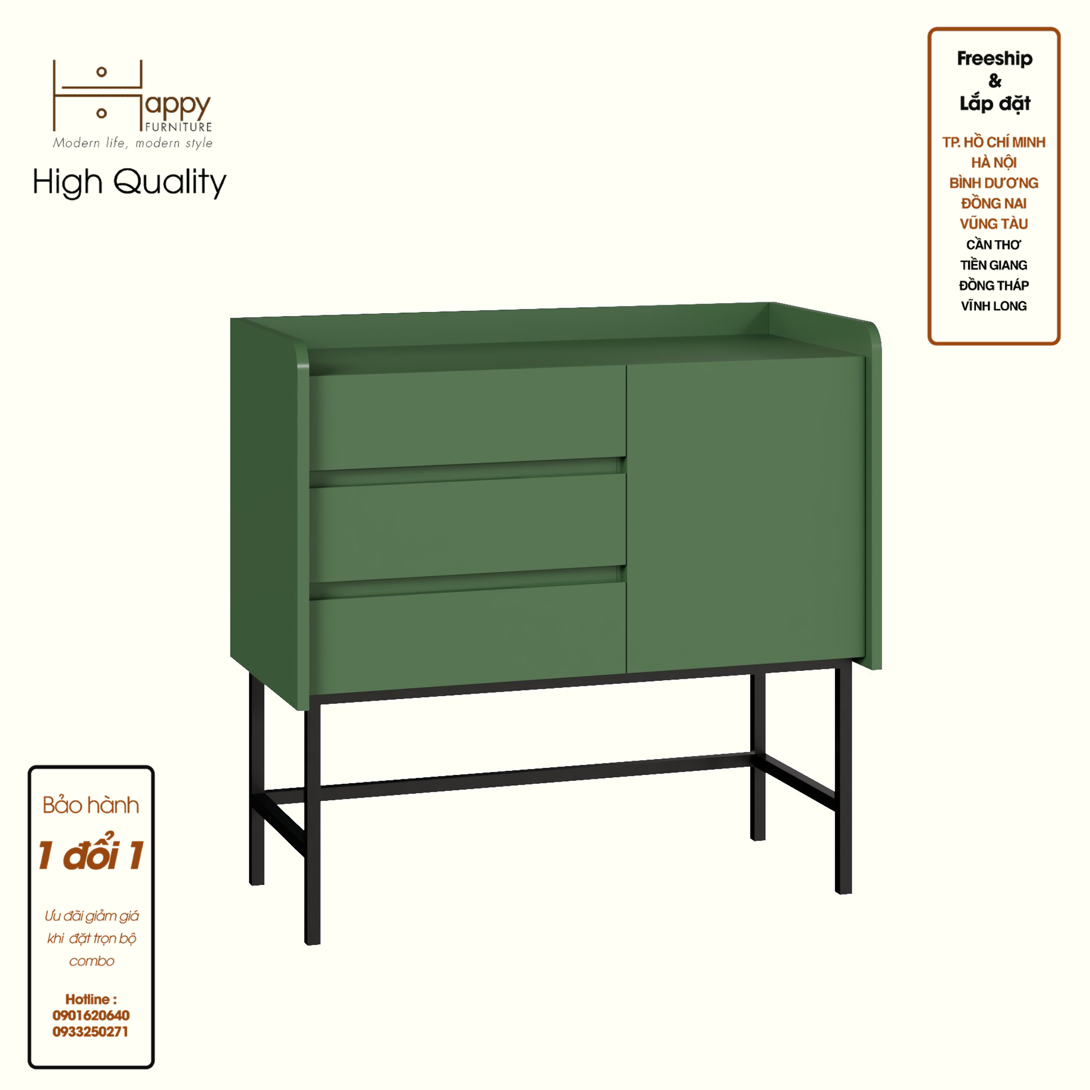 LAVIA, Tủ lưu trữ 3 ngăn kéo - 1 cửa mở - chân sắt, 90cm x 40cm x 86cm , THK_157