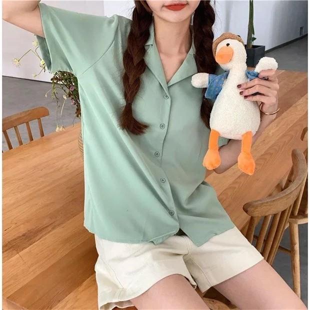 Áo sơ mi nữ, áo sơ mi nam cổ vest 7 màu tay lỡ Unisex vải Cotton lụa mềm Ngắn tay form rộng