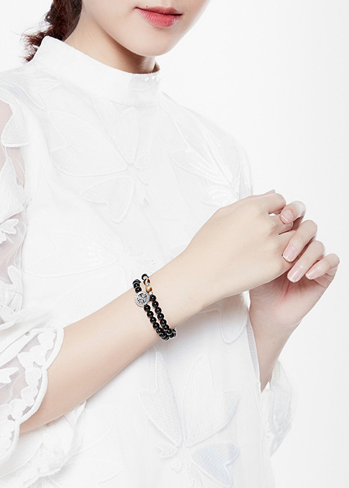 Vòng tay đôi đá obsidian mix charm bạc 925 mệnh thủy mộc - Ngọc Qúy Gemstones