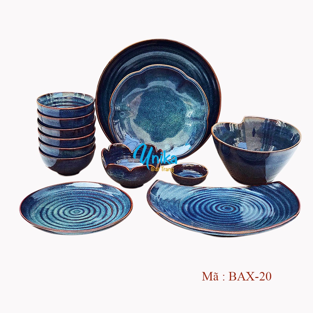 Bộ đồ ăn cao cấp men xanh Bát Tràng BAX-20 - Set đồ ăn xanh hoả biến - Bộ Bát Đĩ Bát Tràng - Bộ Chén bát Cao Cấp