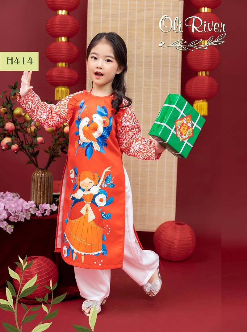 Áo dài cách tân bé gái họa tiết công chúa cùng đôi chim hàng cao cấp CT32