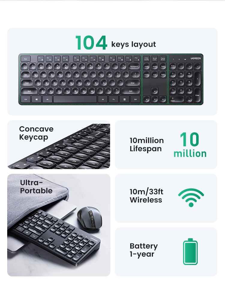 Ugreen UG90250KU004TK 2.4 GHz full size 104 có phím FN bàn phím không dây 10 triệu lần bấm wireless Keyboard cho win macos android màu đen - HÀNG CHÍNH HÃNG