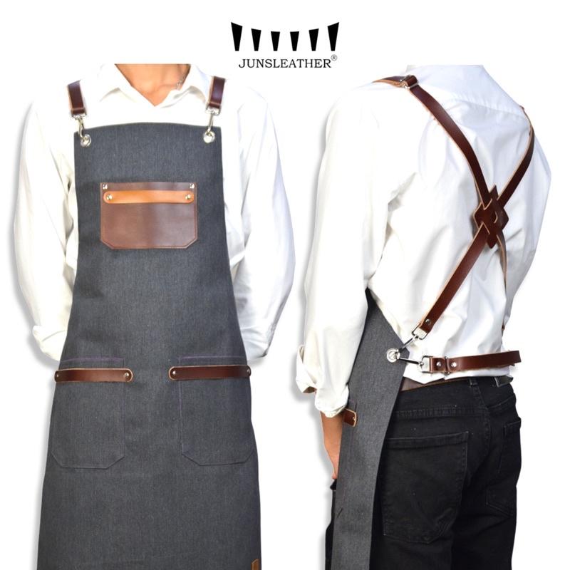 Tạp dề pha chế vải canvas dây da của Junsleather phối da bò cao cấp dành cho Barista/Bartender
