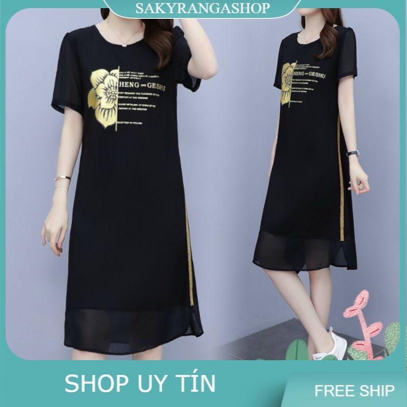 HÀNG NHẬP - ĐẦM SUÔNG THUN PHỐI VOAN IN CHỮ VÀ HOA