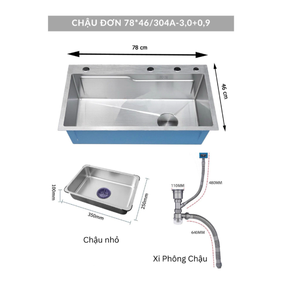Combo chậu rửa chén 1 hố 7846 sus304 Valenza vòi rửa bát nóng lạnh dây rút 02 bộ xả khay inox bình rửa bát- Dày 3li