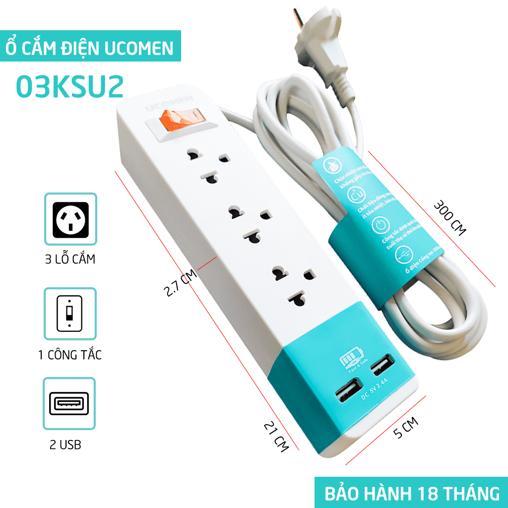 Ổ cắm điện 02 USB Ucomen (Dây 3m)