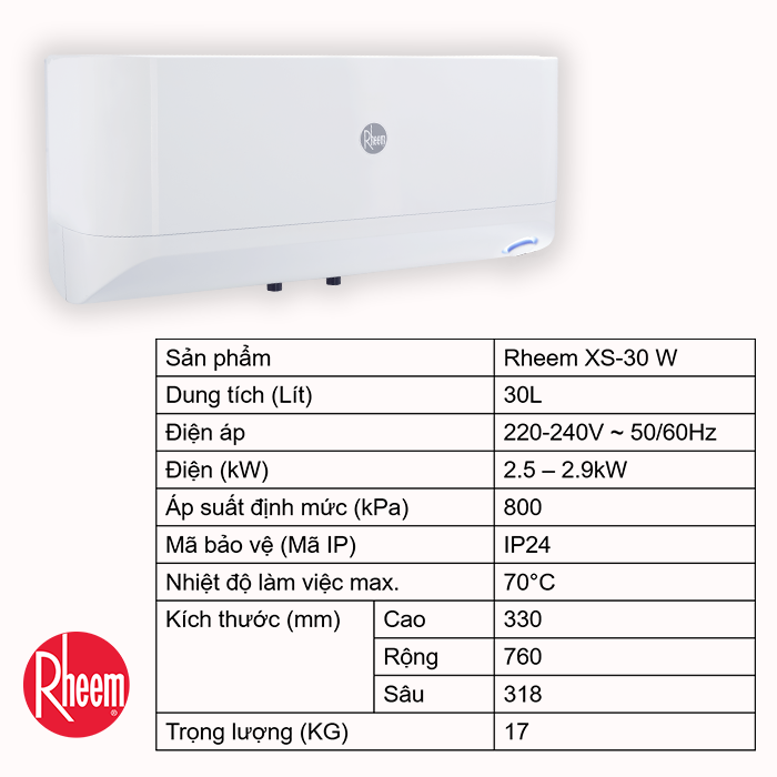 Bình Nước Nóng Gián Tiếp Rheem XS-30 W - Hàng chính hãng