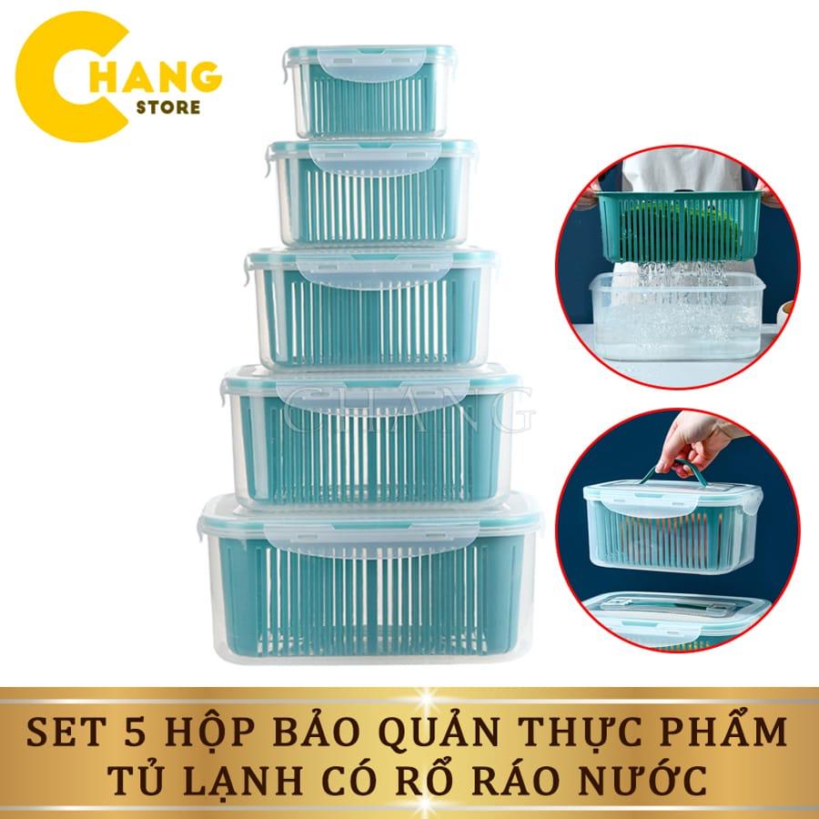 Set 5 Hộp Đựng Thực Phẩm Có Nắp Đậy Cao Cấp - Khay Nhựa Để Tủ Lạnh Kèm Rổ Ráo Nước Bảo Quản Thức Ăn An Toàn Tiện Lợi