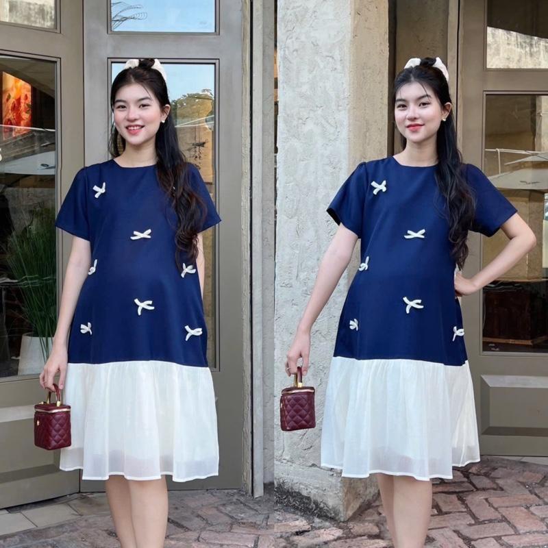 Đầm bầu đuôi cá đính nơ phối chân voan tơ sang chảnh chất cotton lạnh mát mẻ - Xanh đen