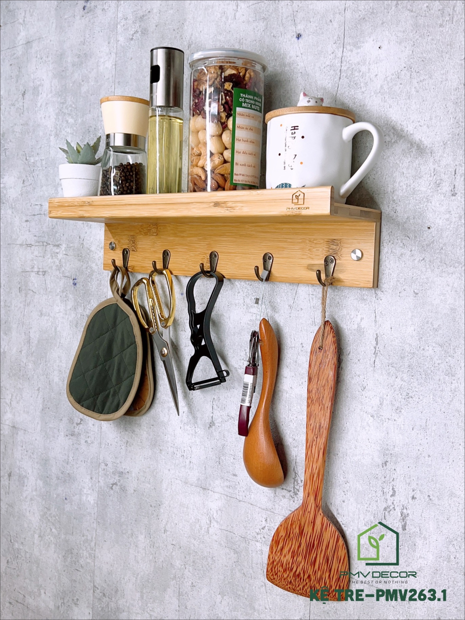 KỆ TRE TREO TƯỜNG, TRANG TRÍ, móc treo đồng retro, phù hợp mọi không gian decor. KTT-PMV263.1