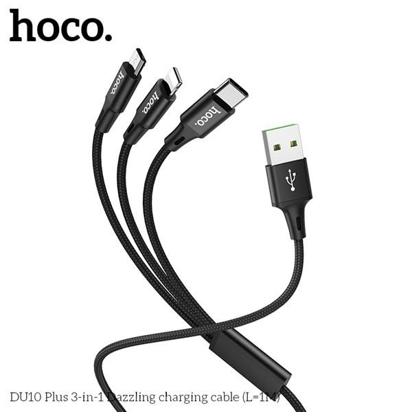 ️SẠC NHANH️ Cáp Sạc 3 Đầu Hoco sạc nhanh 3.0A - DU10Plus - Bọc dù bền bỉ - Sạc nhanh tất cả các dòng điện thoại - Hàng Chính Hãng