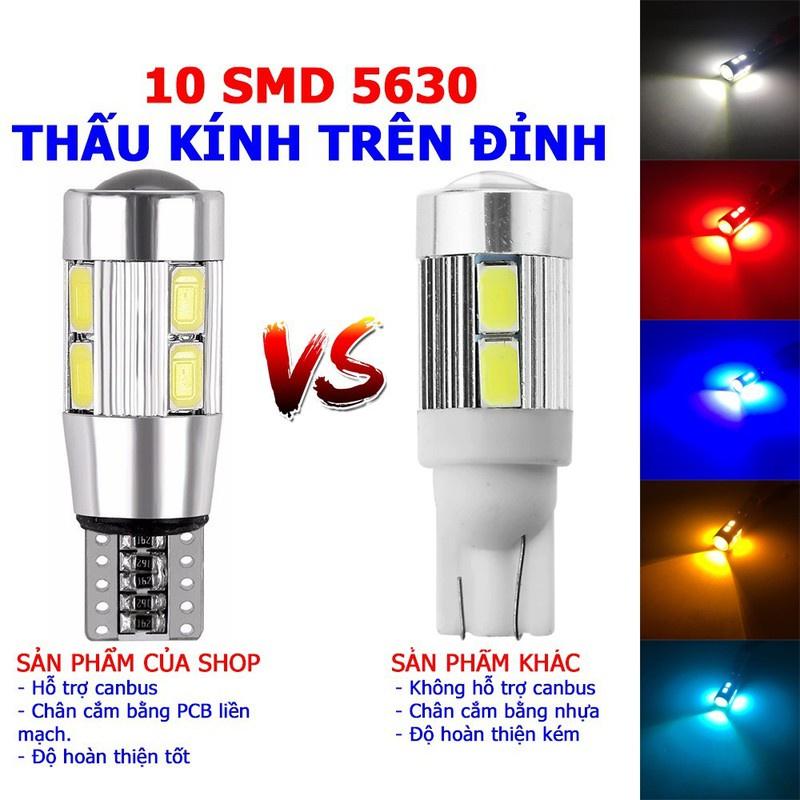 Đèn led demi, xi nhan thấu kính siêu sáng T10 10SMD 5630 W5W cho ô tô, xe máy