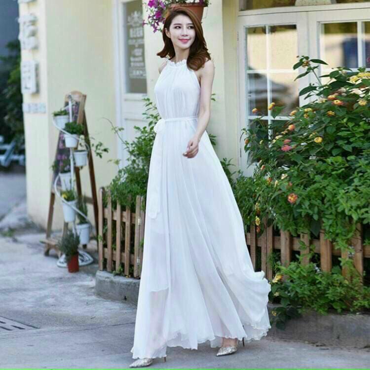 Đầm maxi dáng dài cột nơ eo hàng đẹp hai lớp