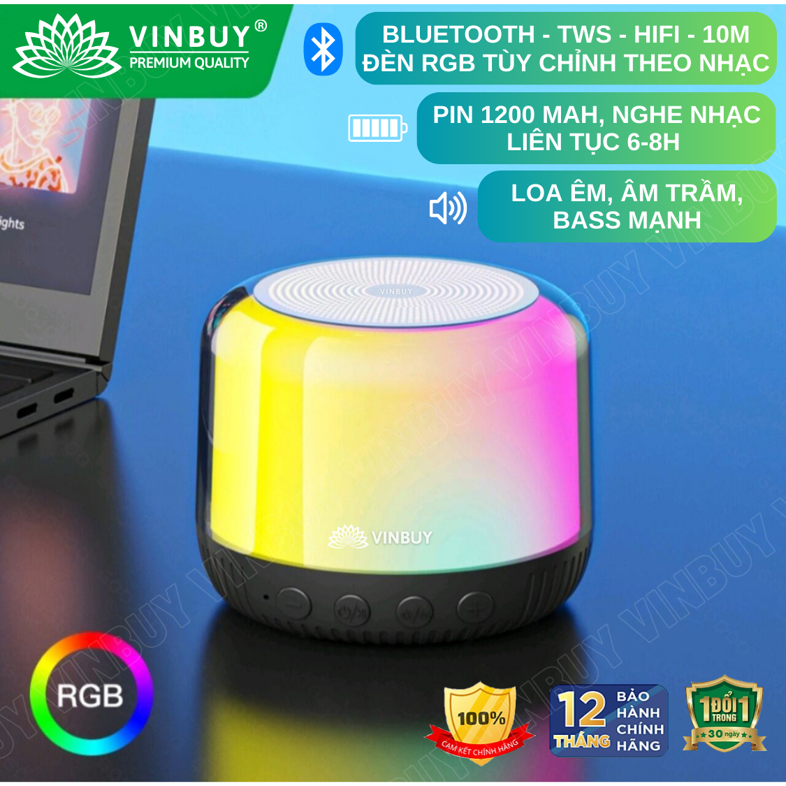 Loa bluetooth mini không dây wireless TWS HiFi loa nghe nhạc âm trầm bass mạnh có đèn RGB đổi màu theo nhạc, hỗ trợ thẻ nhớ - Hàng chính hãng VinBuy