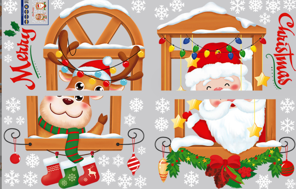 Decal trang trí dán tường hít tĩnh điện - ông già noel và chú tuần lộc nâu đội mũ đỏ đáng yêu