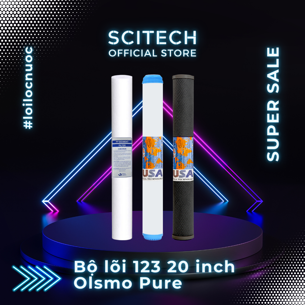 Bộ lõi số 1,2,3 Olsmo Pure 20 inch by Scitech - Dùng cho máy lọc nước RO, bộ lọc thô - Hàng chính hãng