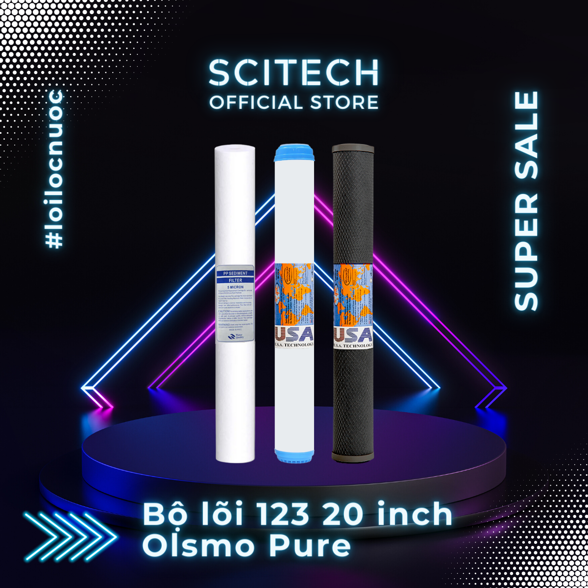 Bộ lõi số 1,2,3 Olsmo Pure 20 inch by Scitech (Lõi PP-UDF-CTO) - Dùng cho máy lọc nước RO, bộ lọc thô - Hàng chính hãng