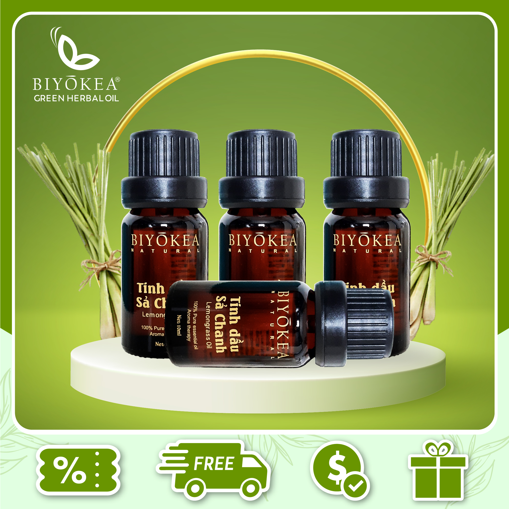 Combo 4 chai tinh dầu Sả chanh thiên nhiên Biyokea xông phòng đuổi muỗi, xông khử mùi dung tích 10ml