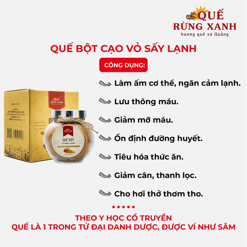 Quế Bột cạo vỏ, sấy lạnh, giúp lưu thông máu, giảm mỡ máu, tốt cho tim mạch, ổn định đường huyết - Xuất xứ: Quảng Ngãi, 100 gram/ Hũ - Quế Rừng Xanh