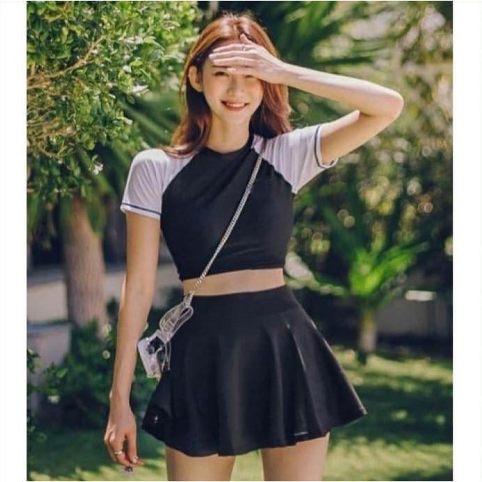 Đồ bơi bikini nữ kín đáo áo croptop đen tay ngắn phối chân váy VATIXA BKN49