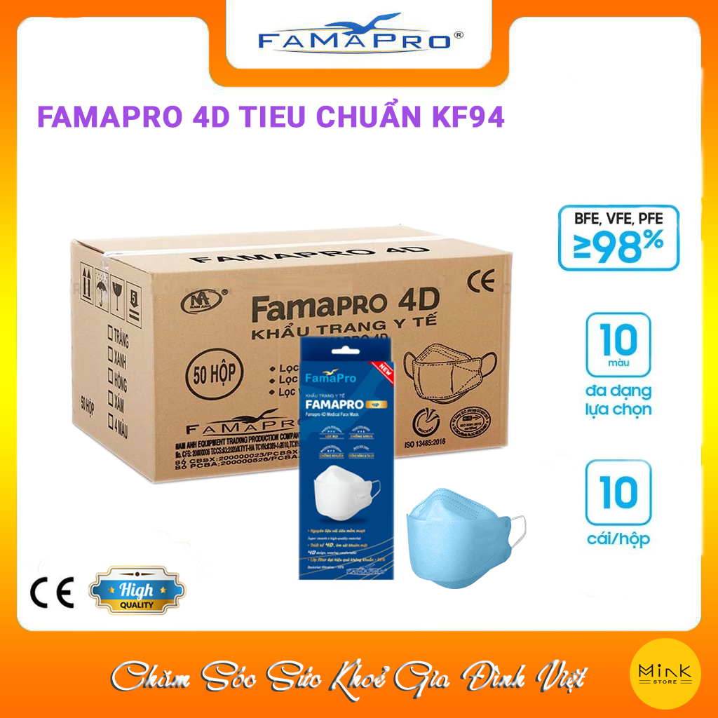 [THÙNG XANH - FAMAPRO 4D] - Khẩu trang y tế kháng khuẩn cao cấp Famapro 4D tiêu chuẩn KF94 (500 cái/thùng)