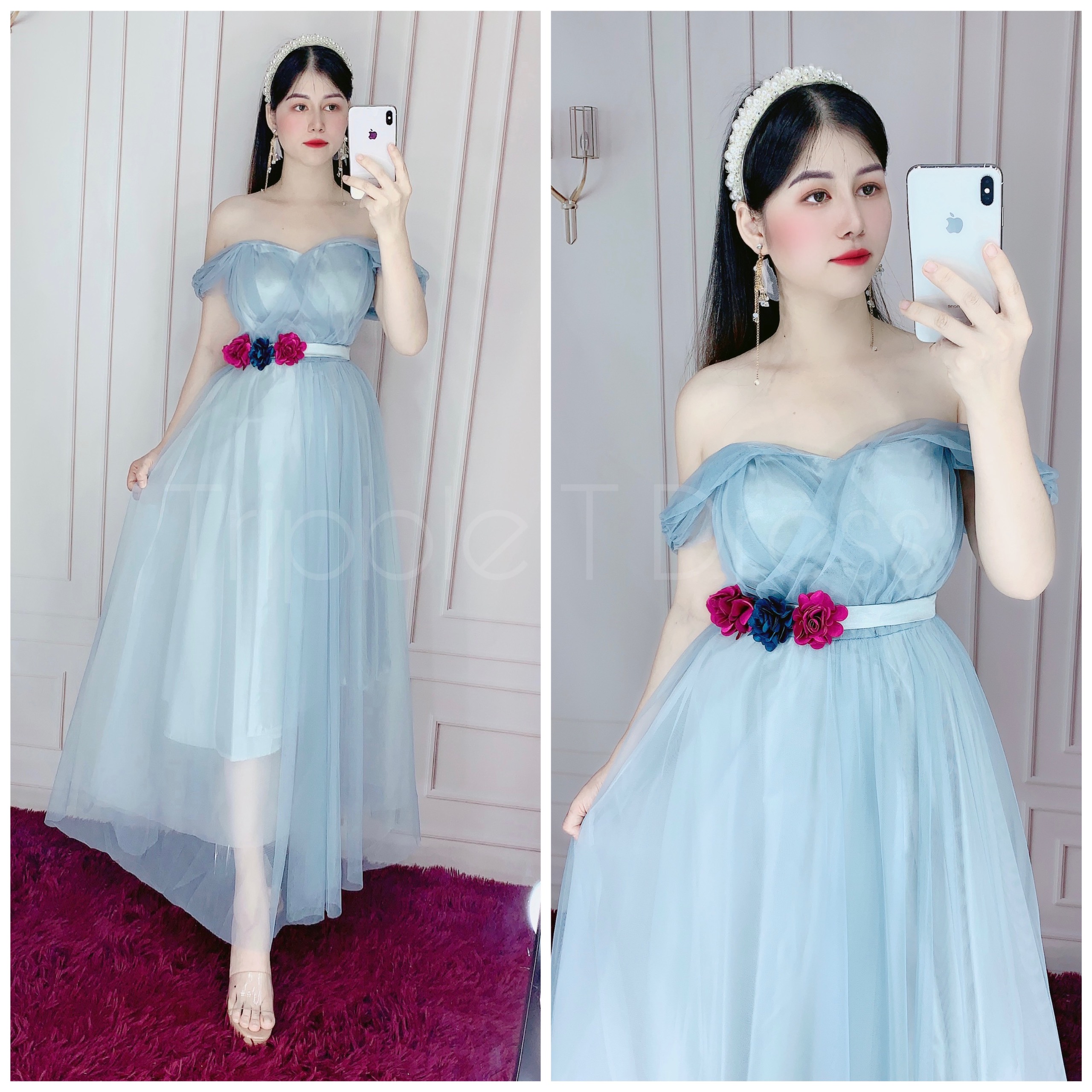 Đầm xoè dự tiệc rớt vai lưới siêu xinh TRIPBLE T DRESS -size L/XL - MS37V