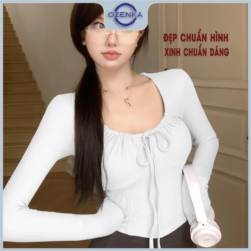 Áo croptop tay dài cổ vuông ôm nữ buộc nơ OZENKA, áo crt ngắn kiểu hàn quốc màu đen trắng dưới 55 kg