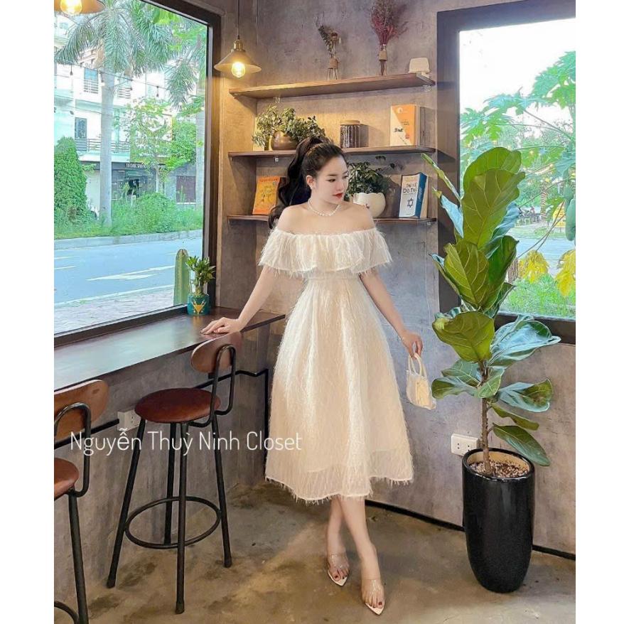 Đầm xoè lông vũ dự tiệc trễ vai bèo ngực cao cấp