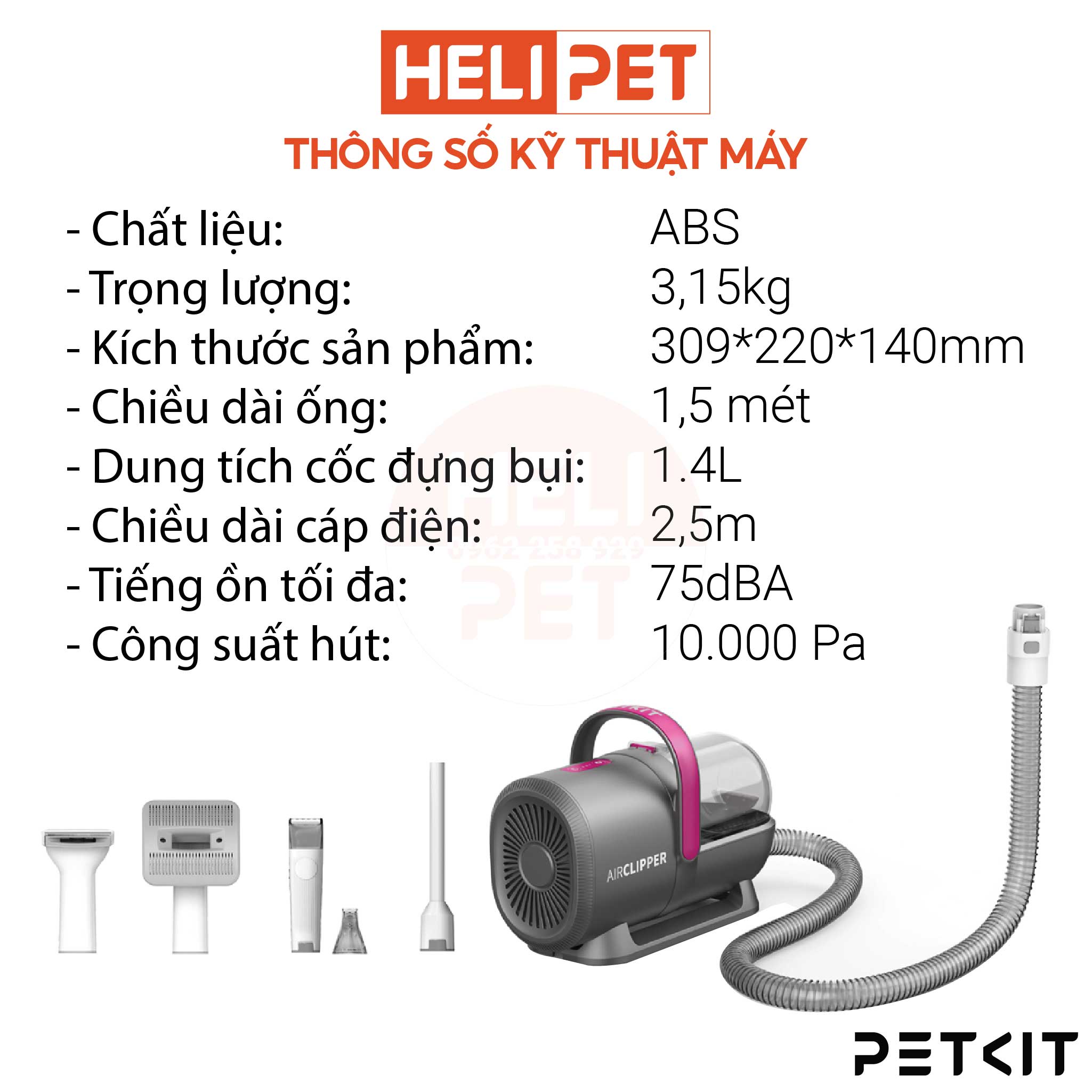Máy Cắt, Tỉa, Hút Lông Chó Mèo 5 Công Dụng PETKIT AirClipper 5-in-1 Pet Grooming Kit - HeLiPet